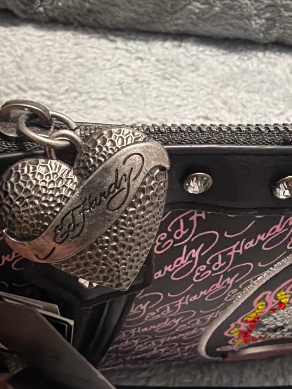Ed Hardy Pink Script Skull Rhinestone Shoulder Bag - Picture 5 of 5
